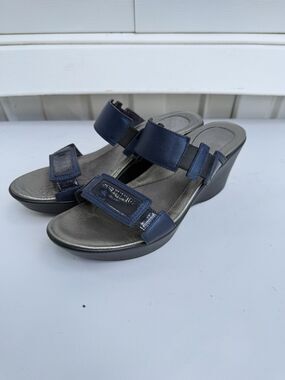 NAOT Treasure Wedge Sandal Womens 10/41 Blue Leather Slip On Boho Festival Shoes